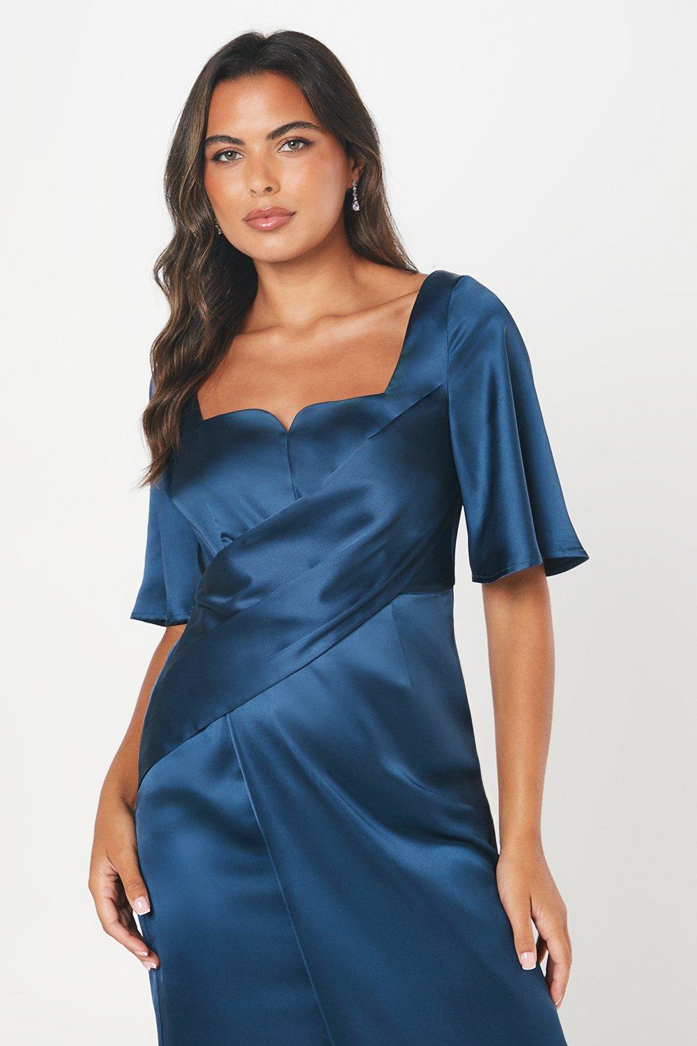 Coast Satin Wrap Waist Flutter Sleeve Midi Wedding Guest Dress Washed Indigo image 4
