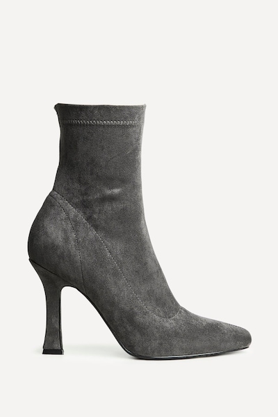 Linzi Lovato Grey Faux Suede Square Toe Heeled Sock Boot