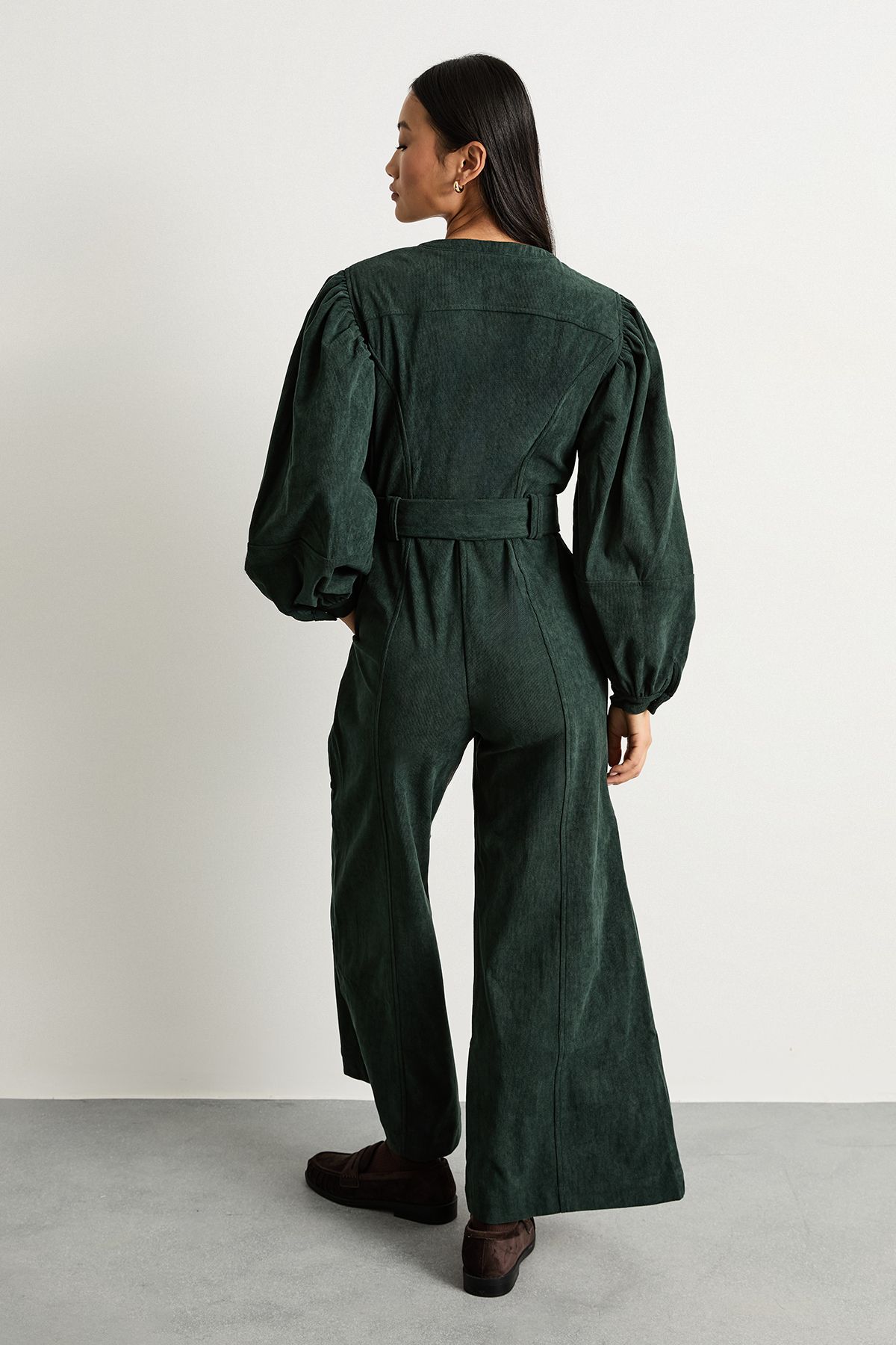 Warehouse Petite Cord Zip Through Belted Jumpsuit Dark Green image 3