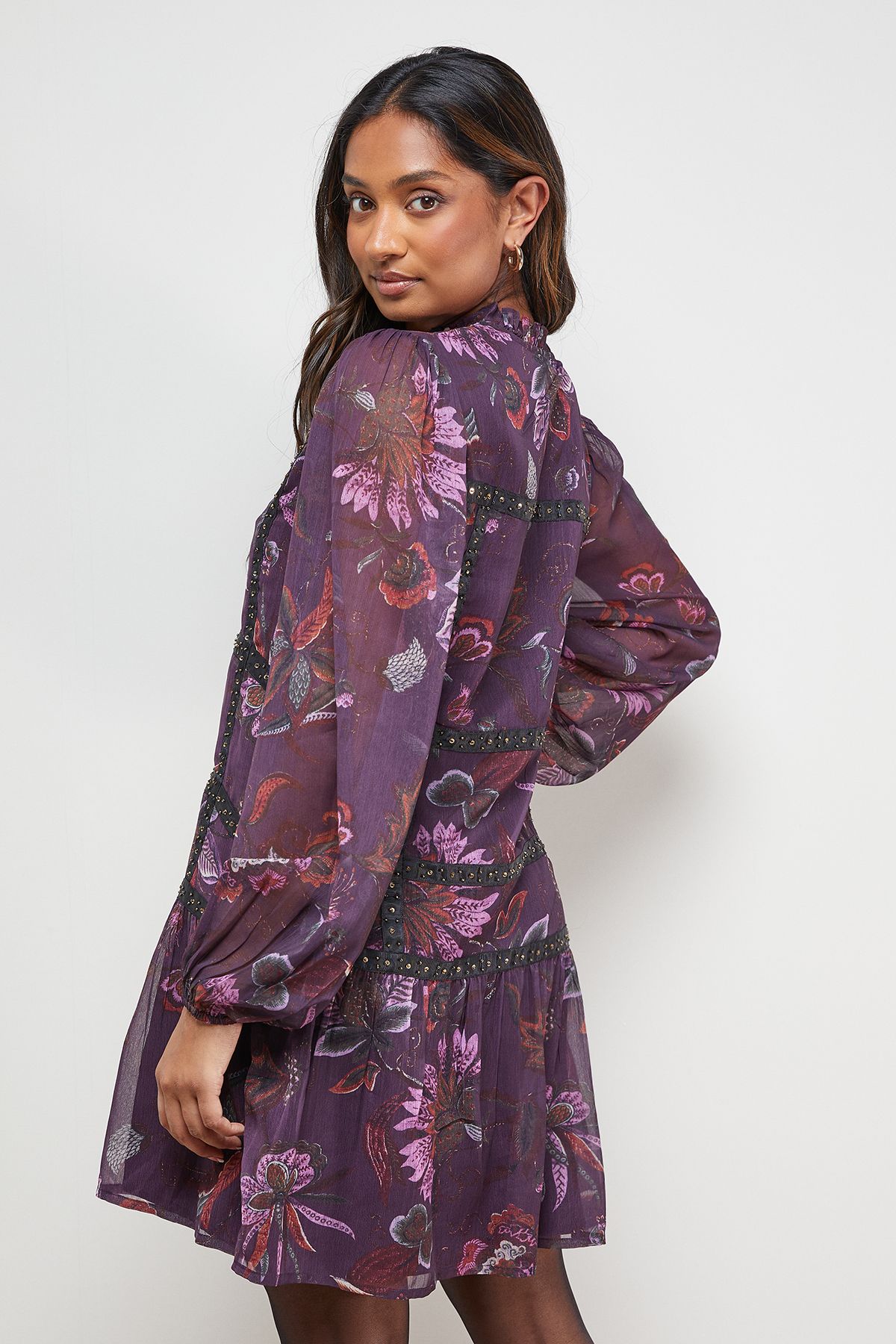 Oasis Printed Embellished Trim Detail Chiffon Mini Dress Multi image 3