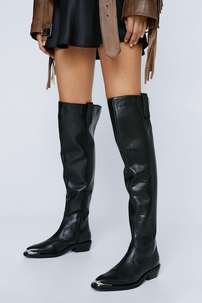 NastyGal Real Leather Thigh High Metal Cowboy Boot Black