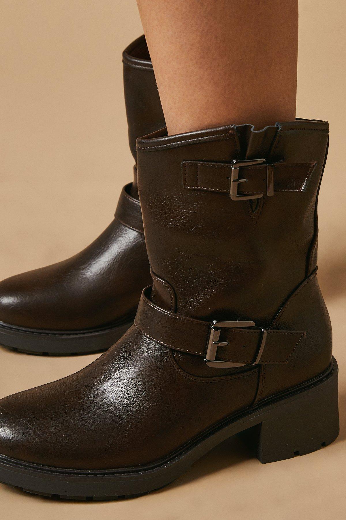 Oasis Janessa Faux Leather Double Buckle Chunky Biker Ankle Boot Chocolate image 4