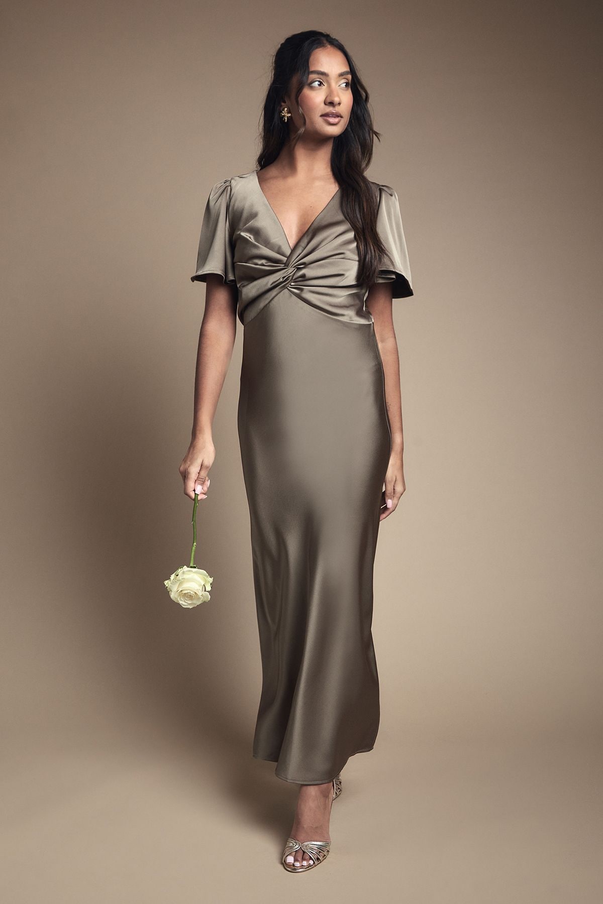Oasis Olive Satin Twist Front Angel Sleeve Midi Bridesmaid Dress Olive
