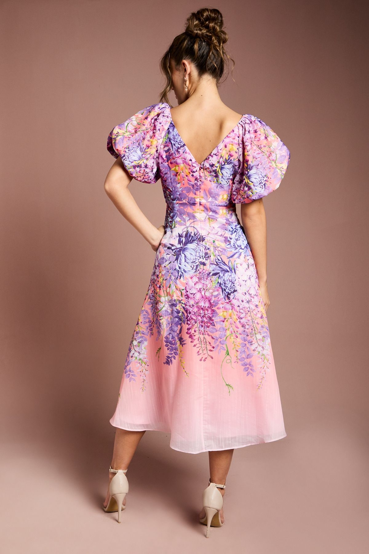Coast Floral Print Organza Puff Sleeve Midi Dress Pink image 3