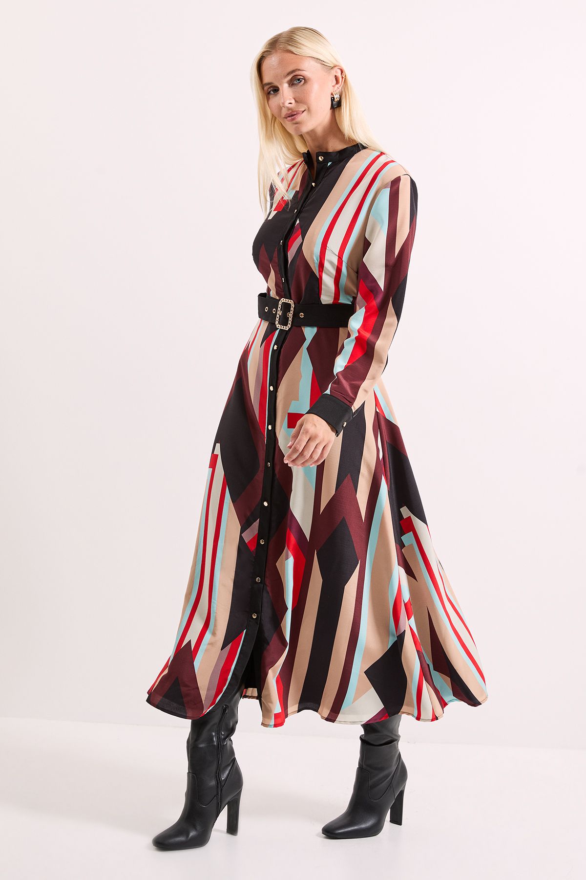 Principles Contrast Collar Printed Belted Midi Dress Brown image 4