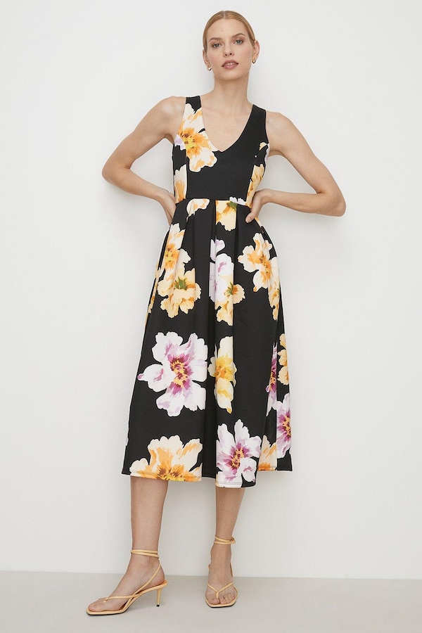 Oasis Large Floral Cross Back Scuba Midi Dress Black