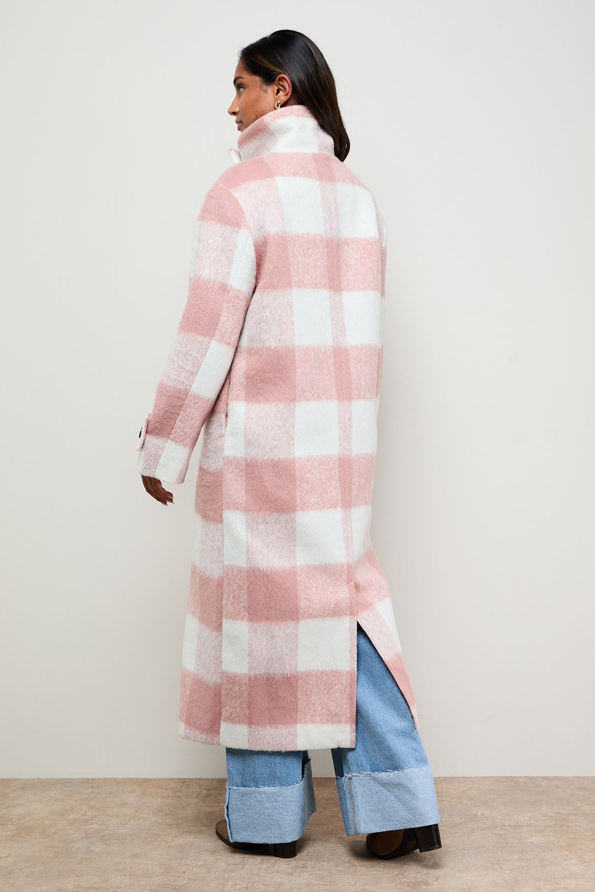 Oasis Brushed Check Funnel Neck Coat Pink image 3