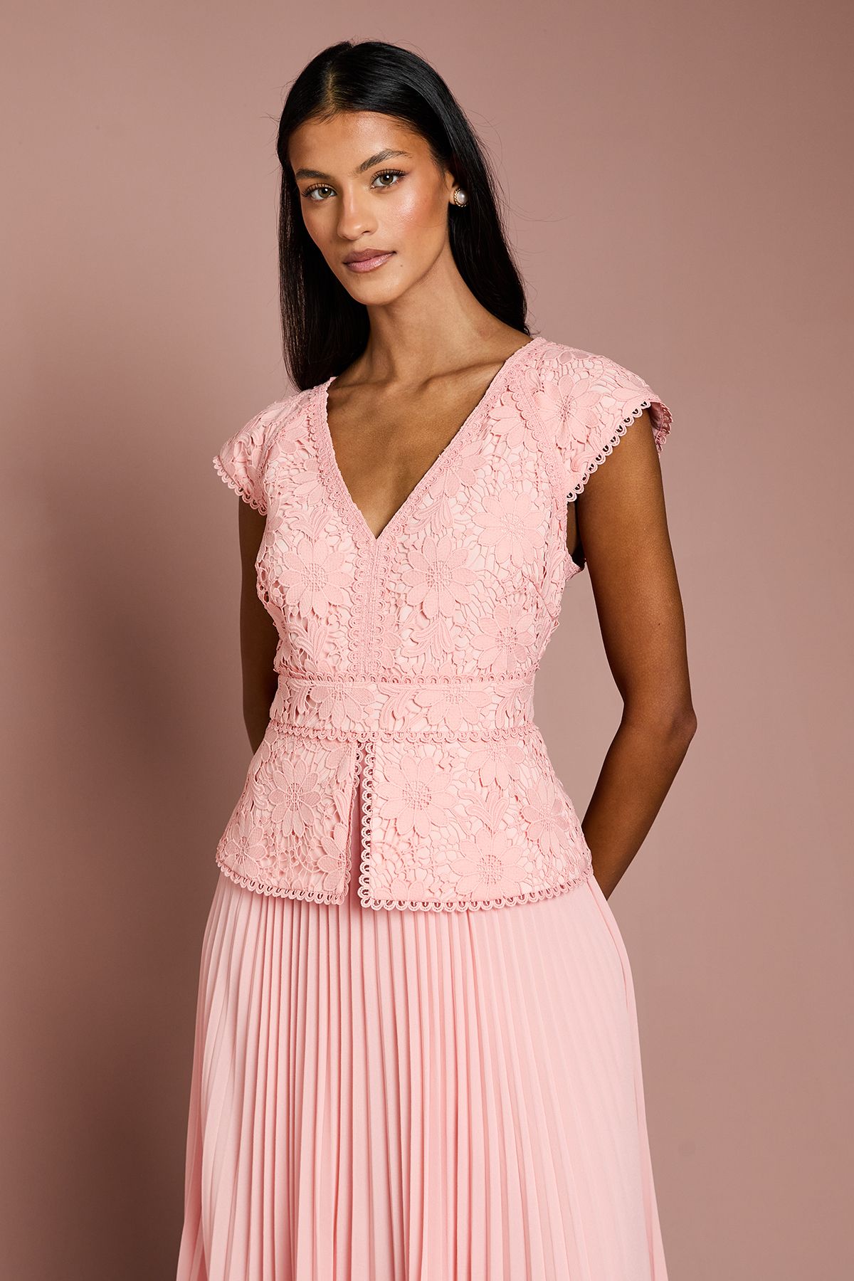 Coast Petite V Neck Lace Bodice Peplum Midi Dress Blush image 2