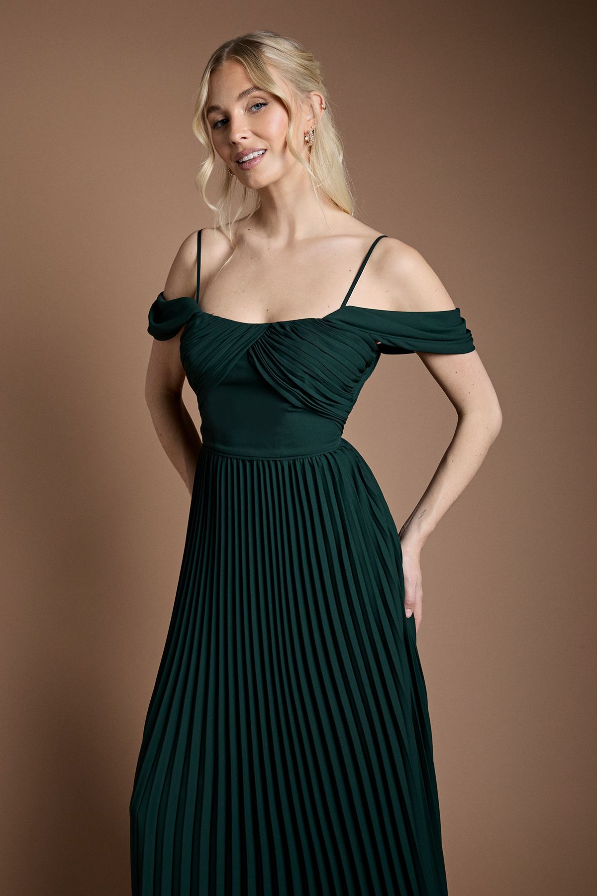 Coast Bardot Pleated Maxi Bridesmaid Dress Emerald image 2