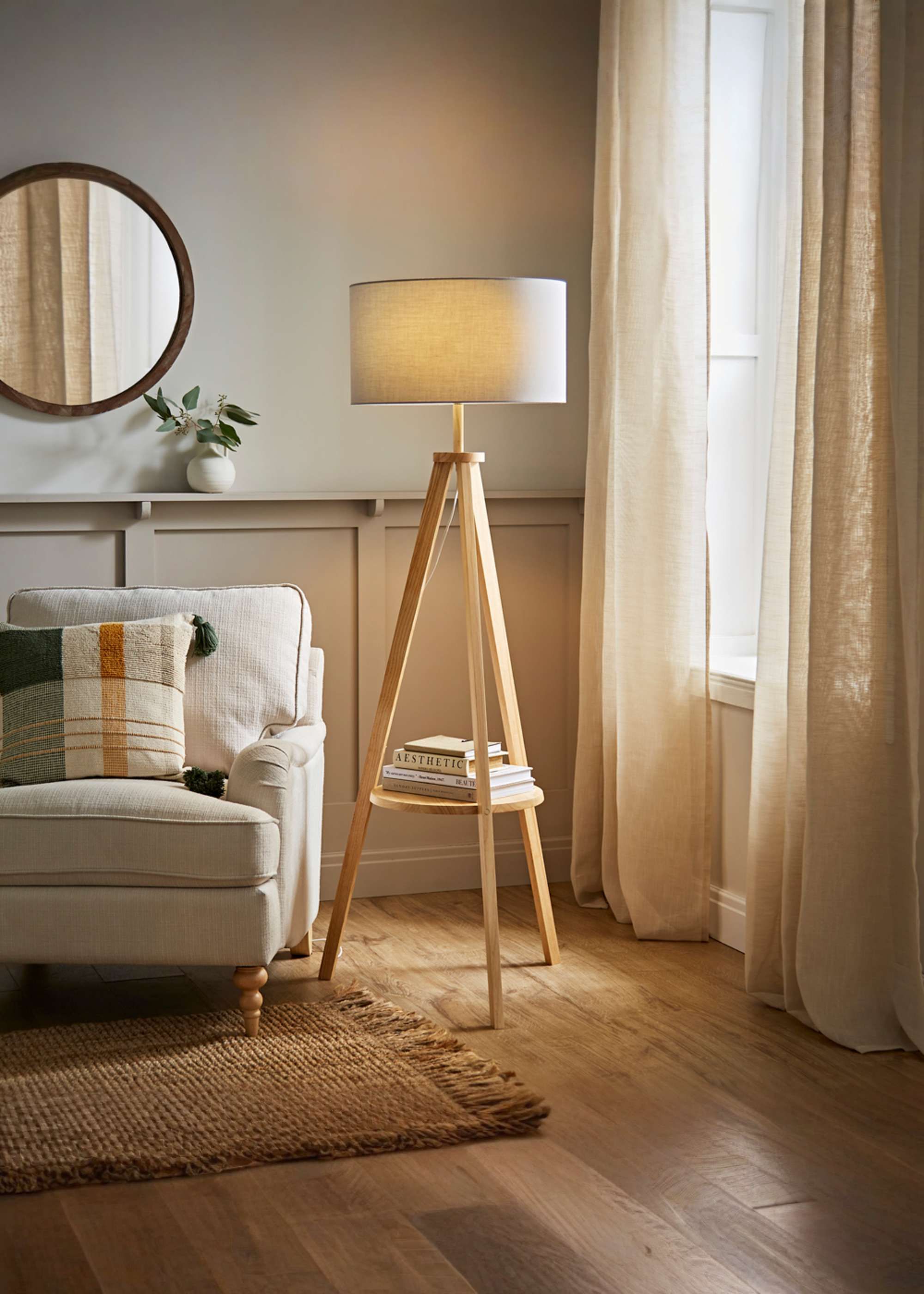 ValueLights Morrigan Natural Wood Tripod Floor Lamp with Fabric Drum Lamp Shade image 1