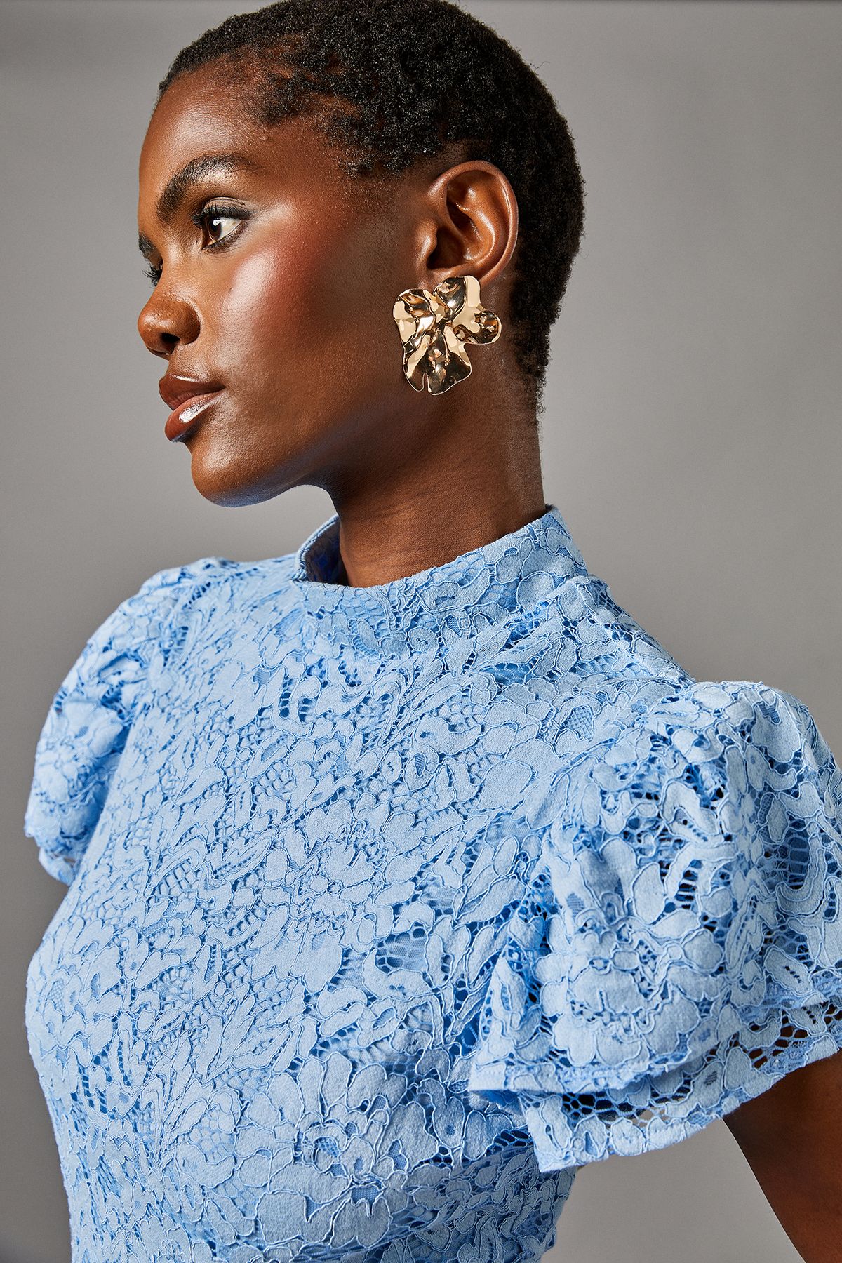 Coast Lace Frill Sleeve High Neck Midi Dress Pale Blue image 4