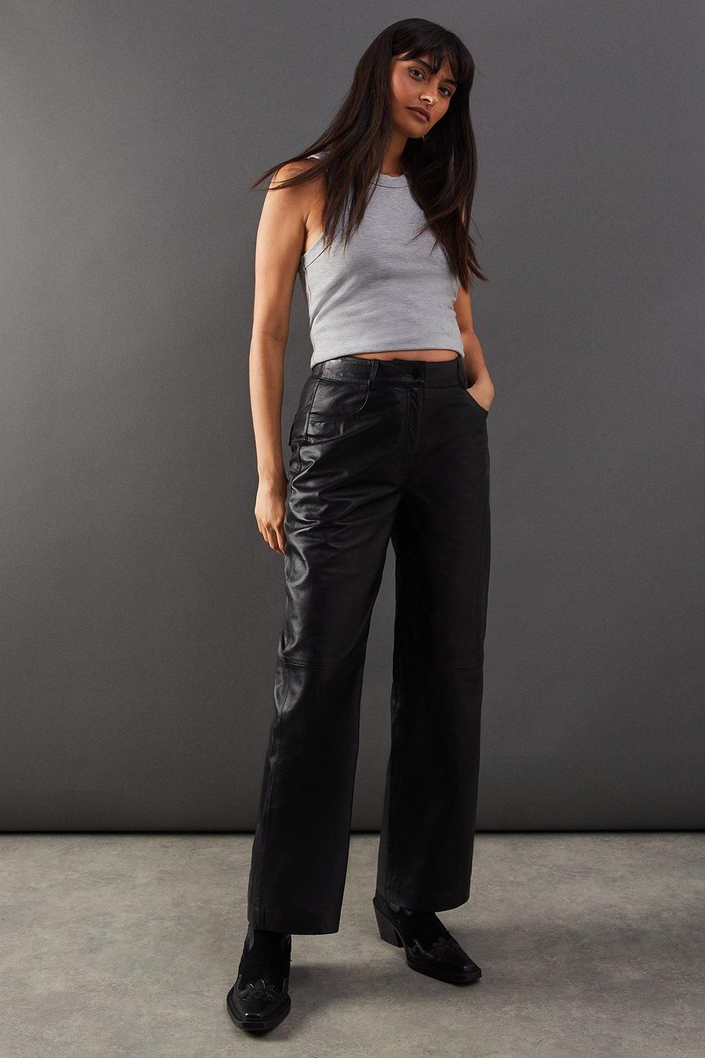 Warehouse Real Leather Wide Leg Trousers Black image 1