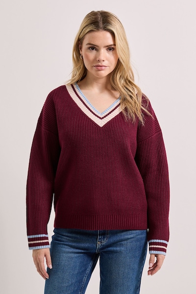 Dorothy Perkins Contrast Cricket Jumper Burgundy
