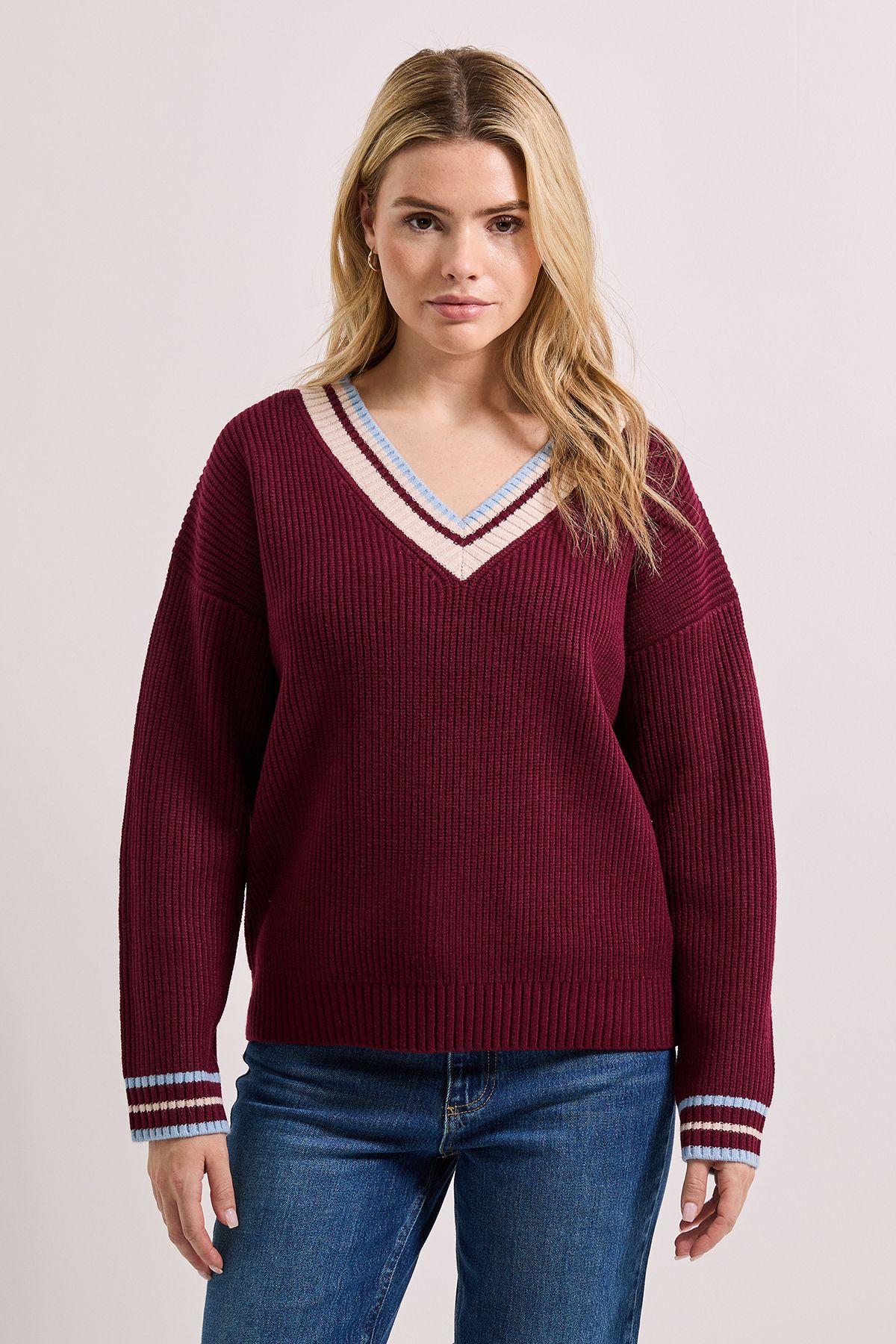 Dorothy Perkins Contrast Cricket Jumper Burgundy