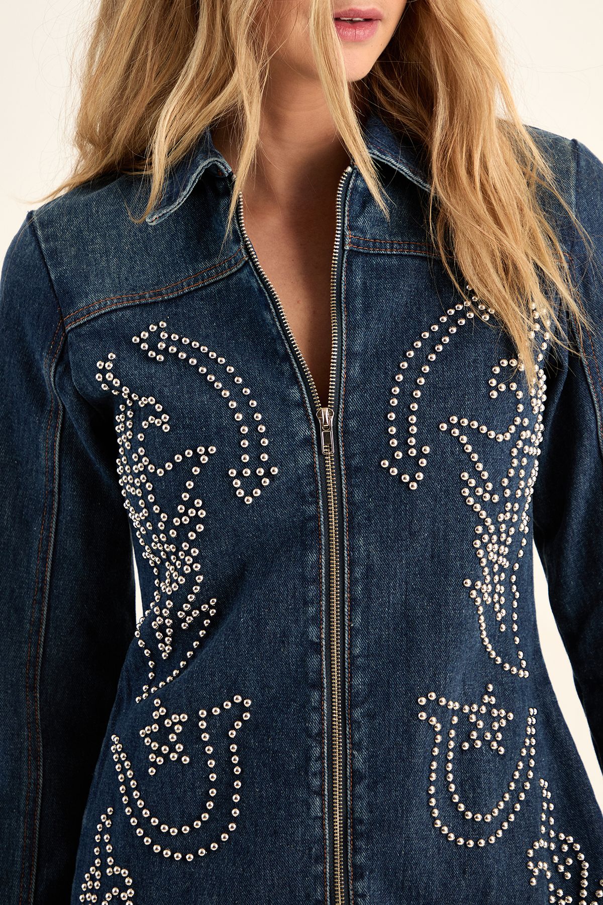 NastyGal Western Studded Zip Front Denim Mini Dress Authentic Midwash image 5