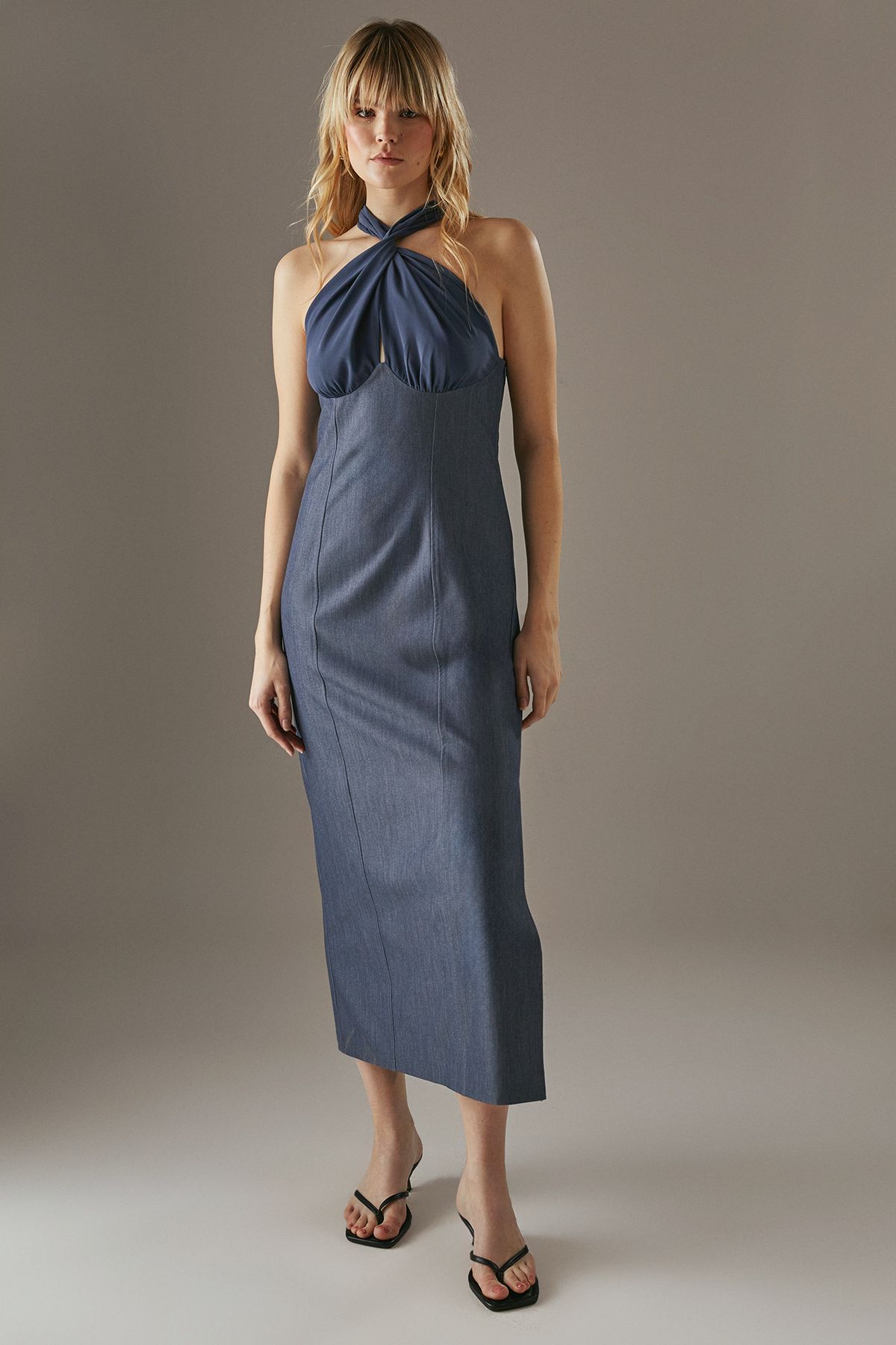 Warehouse Cross Front Georgette And Marl Suiting Midi Dress Dark Blue image 2