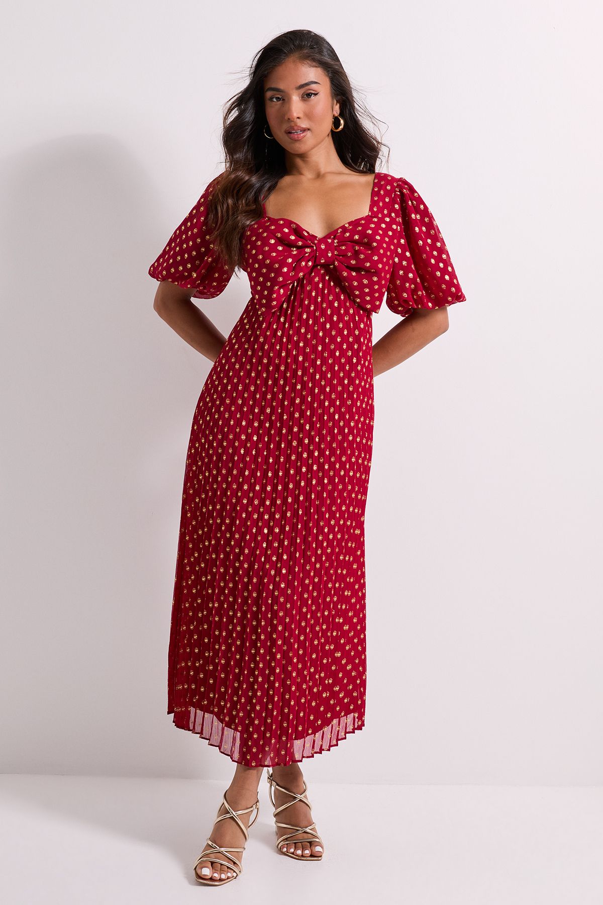 Dorothy Perkins Petite DP Luxe Bow Front Puff Sleeve Metallic Midaxi Dress Red image 1