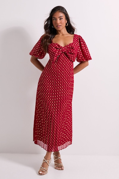 Dorothy Perkins Petite DP Luxe Bow Front Puff Sleeve Metallic Midaxi Dress Red
