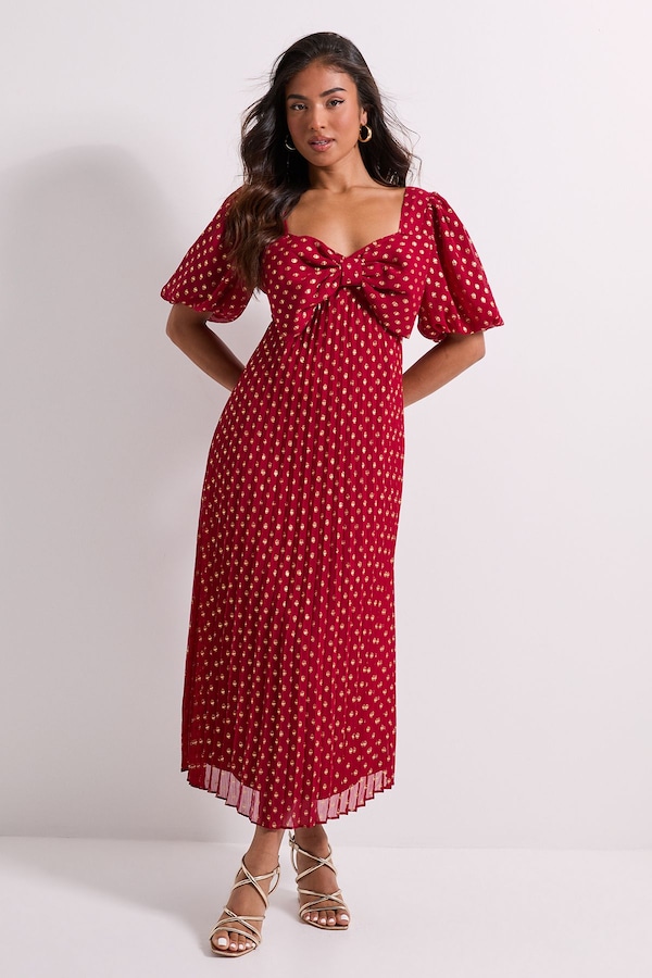 Dorothy Perkins Petite DP Luxe Bow Front Puff Sleeve Metallic Midaxi Dress Red