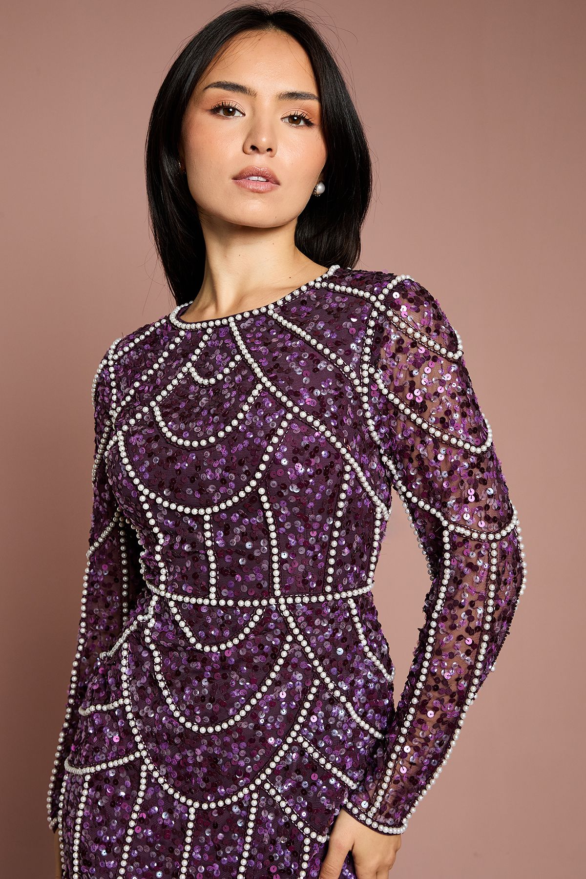 Coast Petite Pearl Detail Mini Dress With Long Sleeve Fig image 2