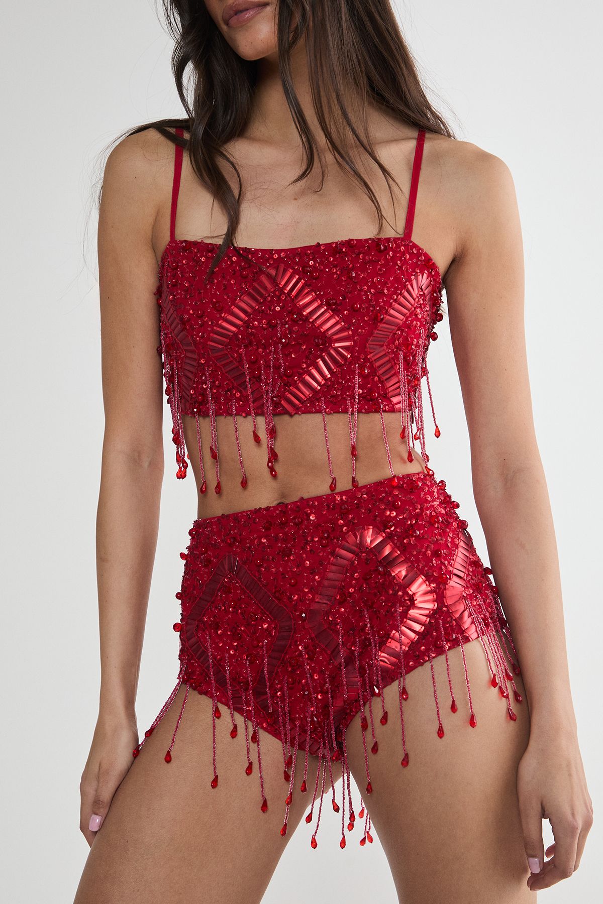 NastyGal Diamante Embellished Tassel Beaded Booty Shorts Red image 3