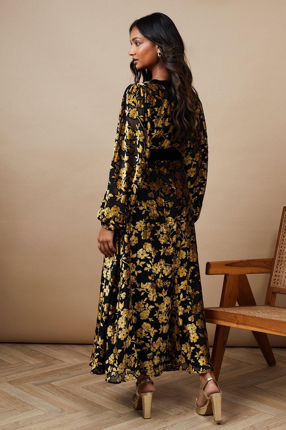 Oasis Floral Contrast Velvet Belt Tie Midi Dress True Black image 2