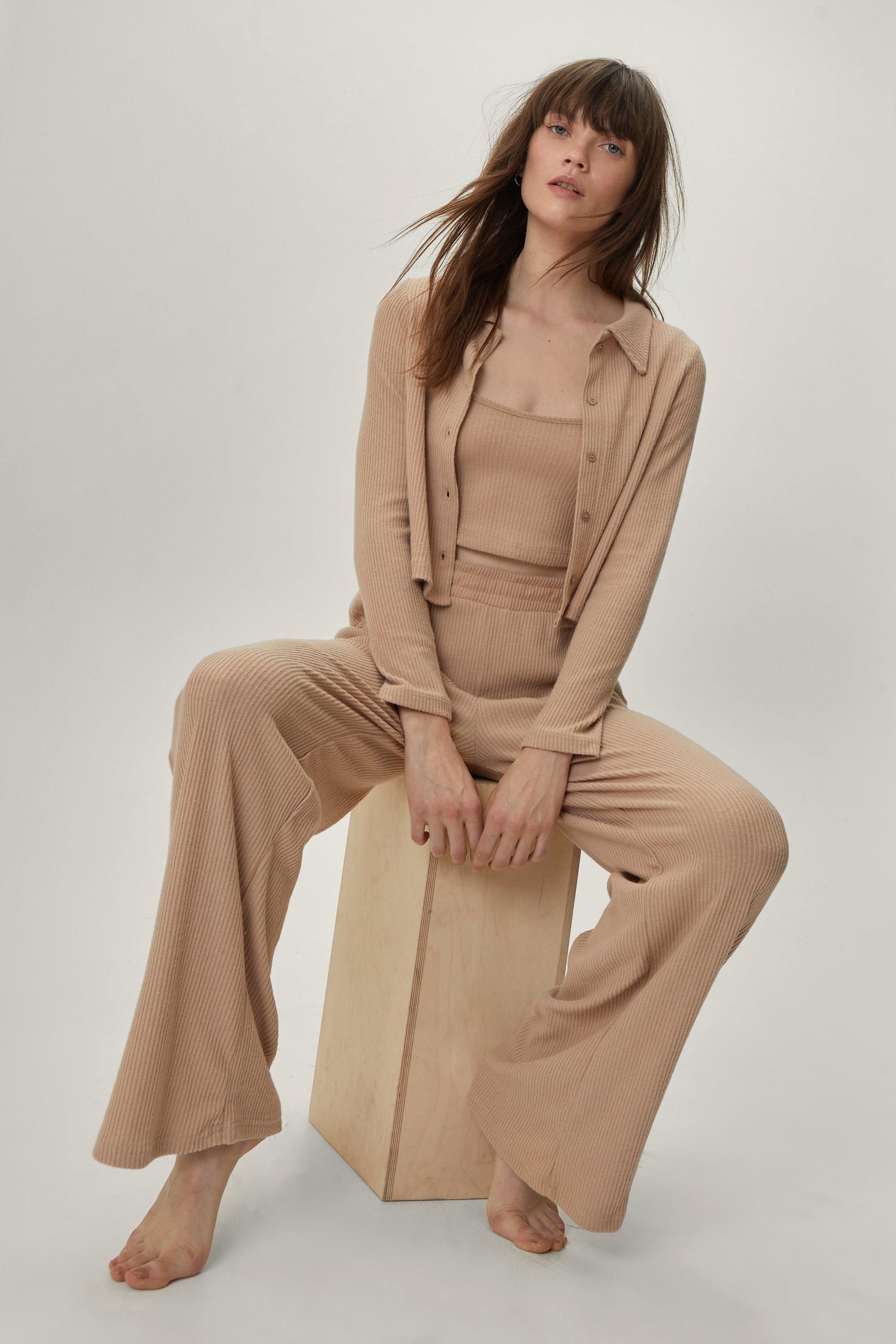 NastyGal Ribbed 3pc Wide Leg Trouser Lounge Set Oatmeal image 2