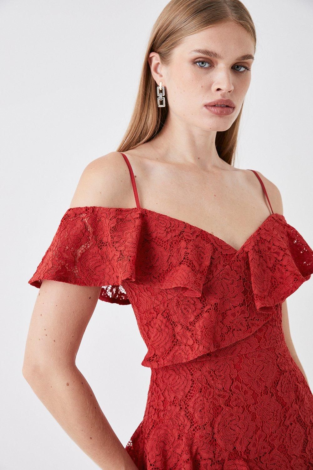 Coast Sophie Habboo Asymmetric Lace Midi Dress Red image 2