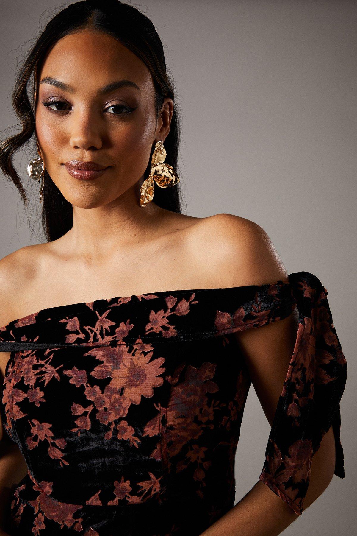 Coast Velvet Bardot Midi Wedding Guest Dress Black image 4