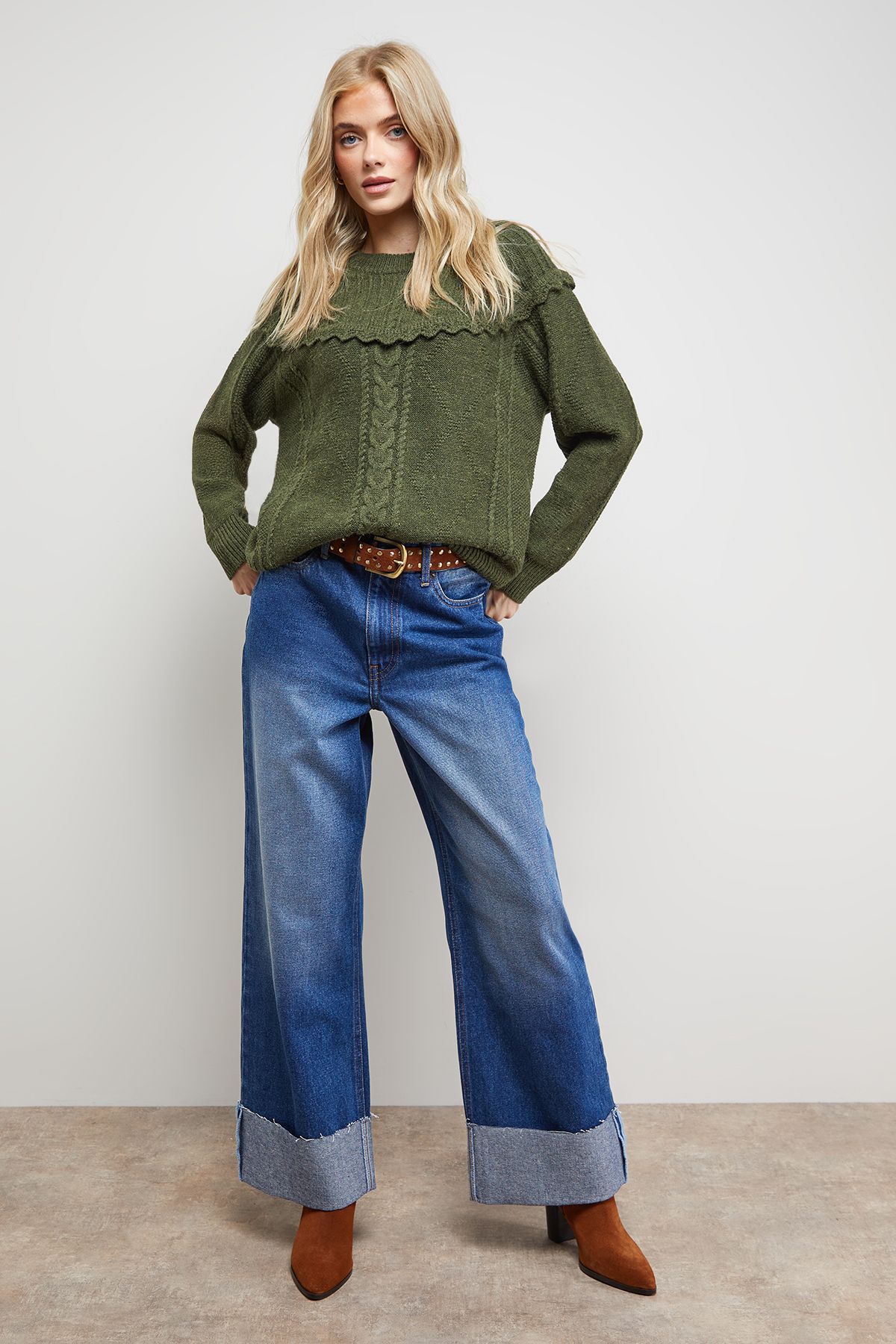 Oasis Cable Knitted Crochet Trim Detail Jumper Khaki image 2