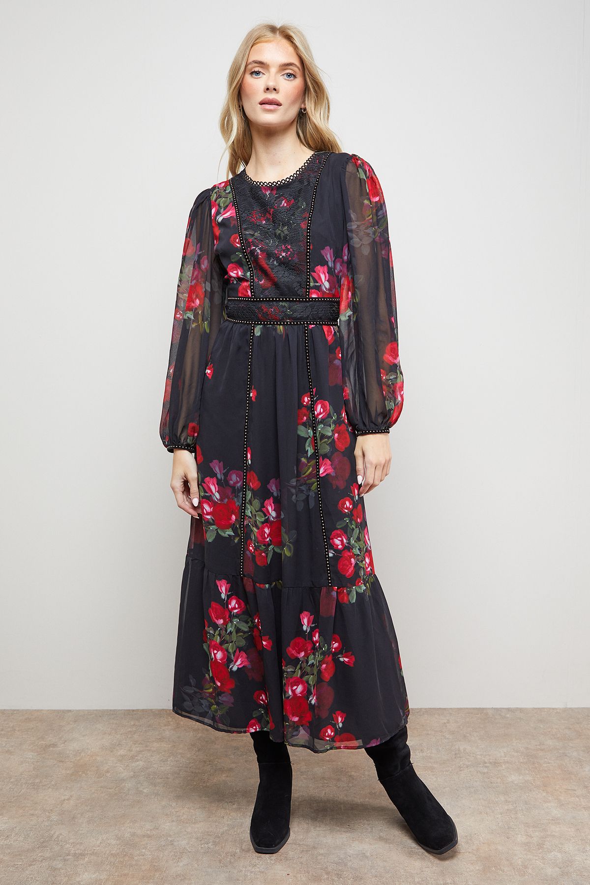 Oasis Velvet Stud Trim Midi Dress Floral image 1