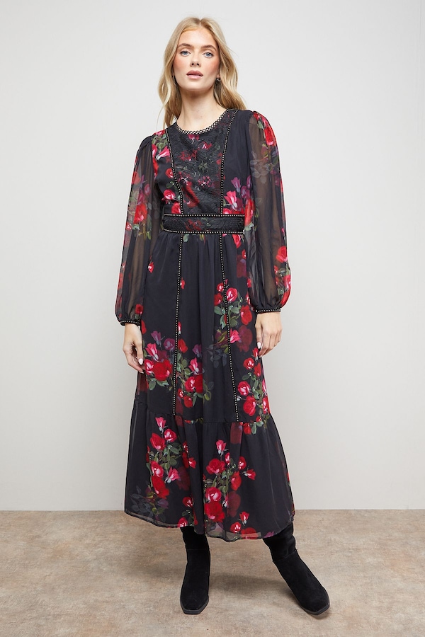 Oasis Velvet Stud Trim Midi Dress Floral