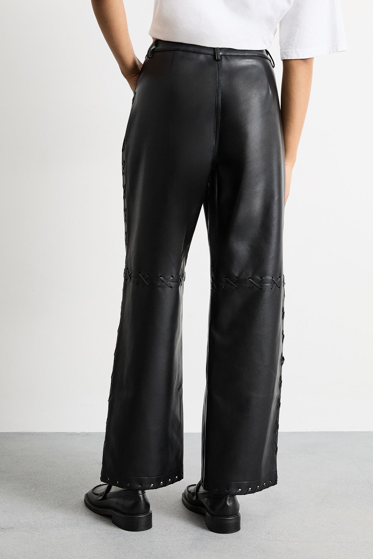 Warehouse Faux Leather Whipstitch Detail Straight Leg Trouser Black image 3