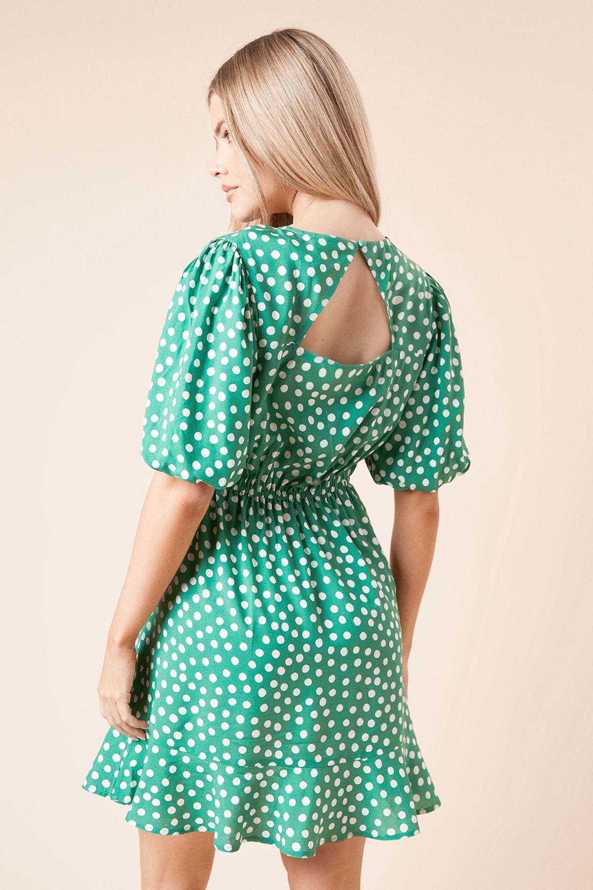 Dorothy Perkins Green Spot Tie Front Puff Sleeve Mini Dress Green image 3