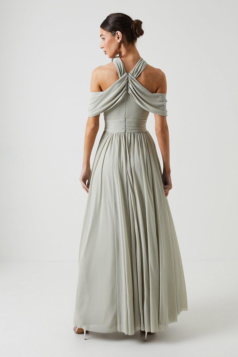 Coast Cross Neck Cold Shoulder Stretch Mesh Bridesmaid Dress Sage image 3