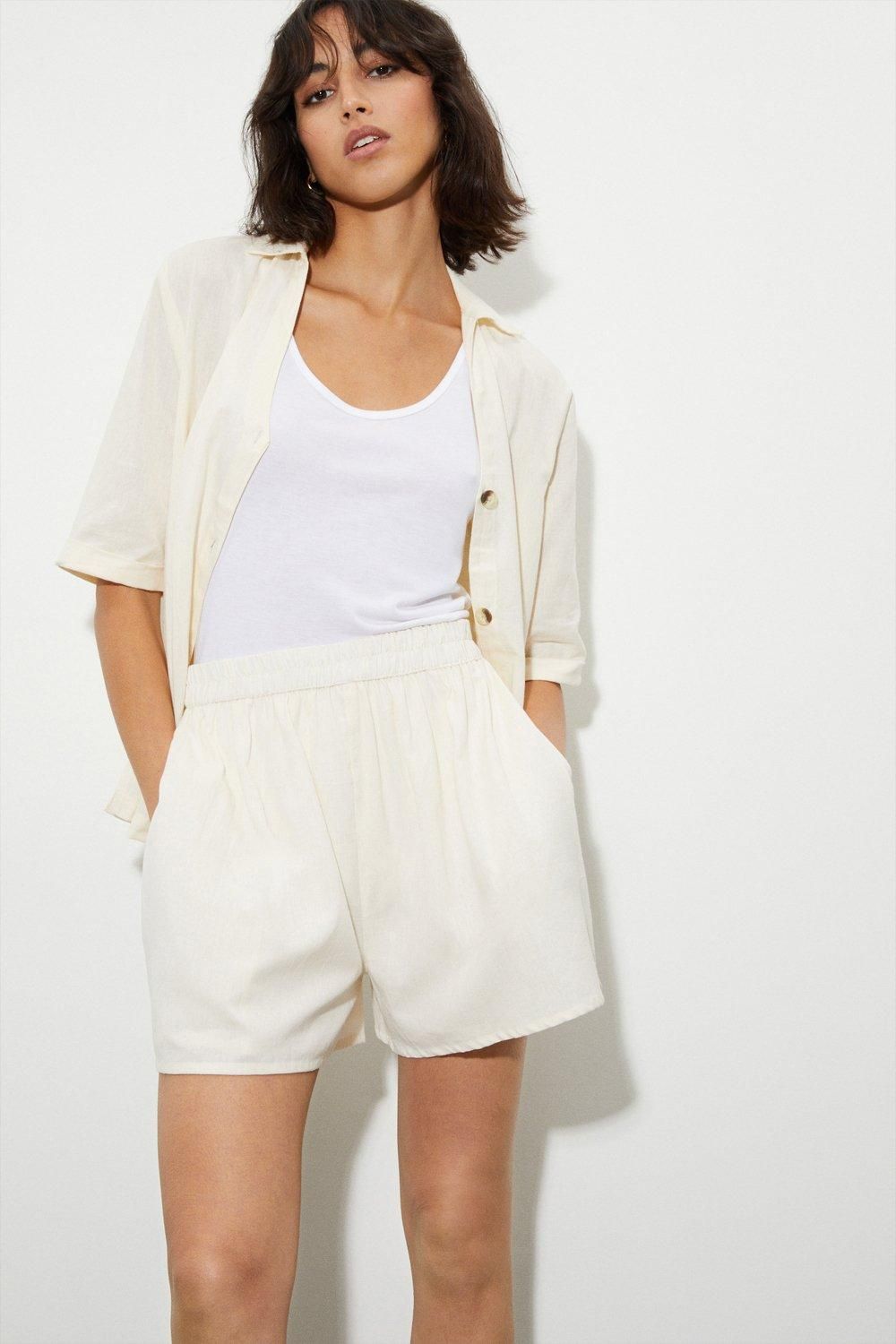 Dorothy Perkins Tall Elastic Waist Linen Look Shorts Cream image 1