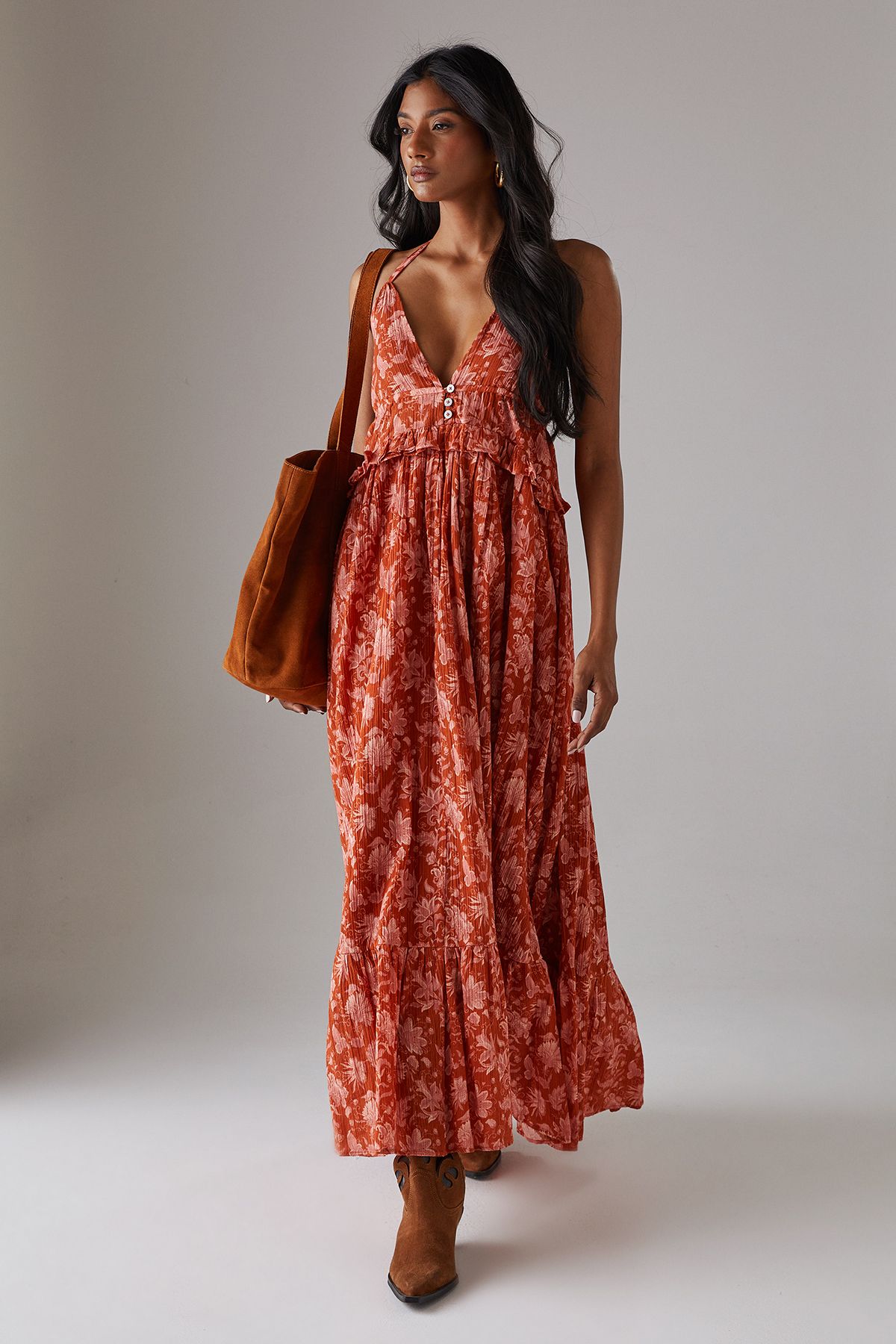 Warehouse Cheesecloth High Low Button Front Strappy Midi Sundress Floral image 4