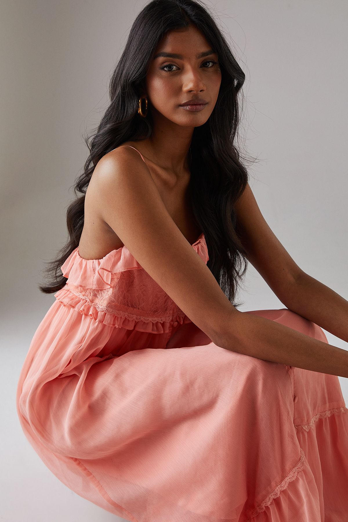 Warehouse Lace Ruffle Strappy Midi Sundress Peach image 4