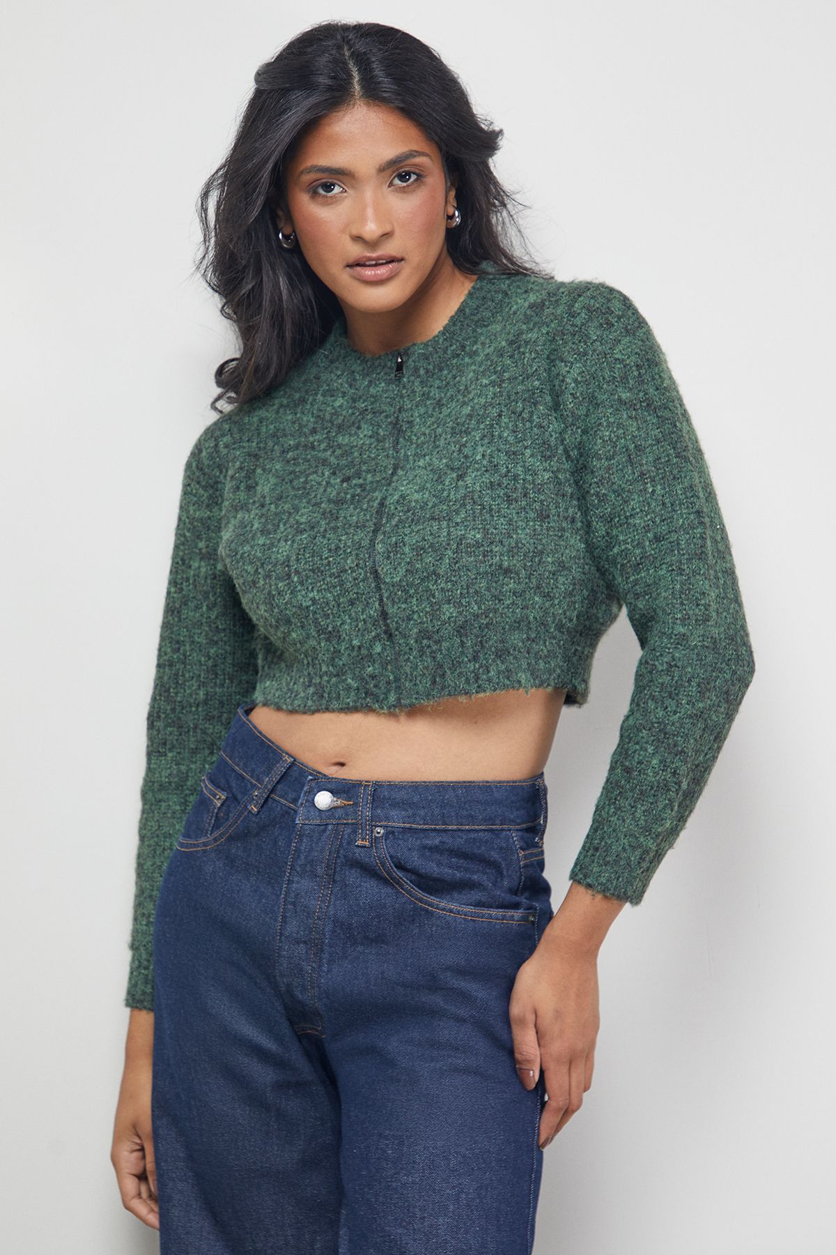 Warehouse Zip Up Rib Crew Cardigan Emerald image 4