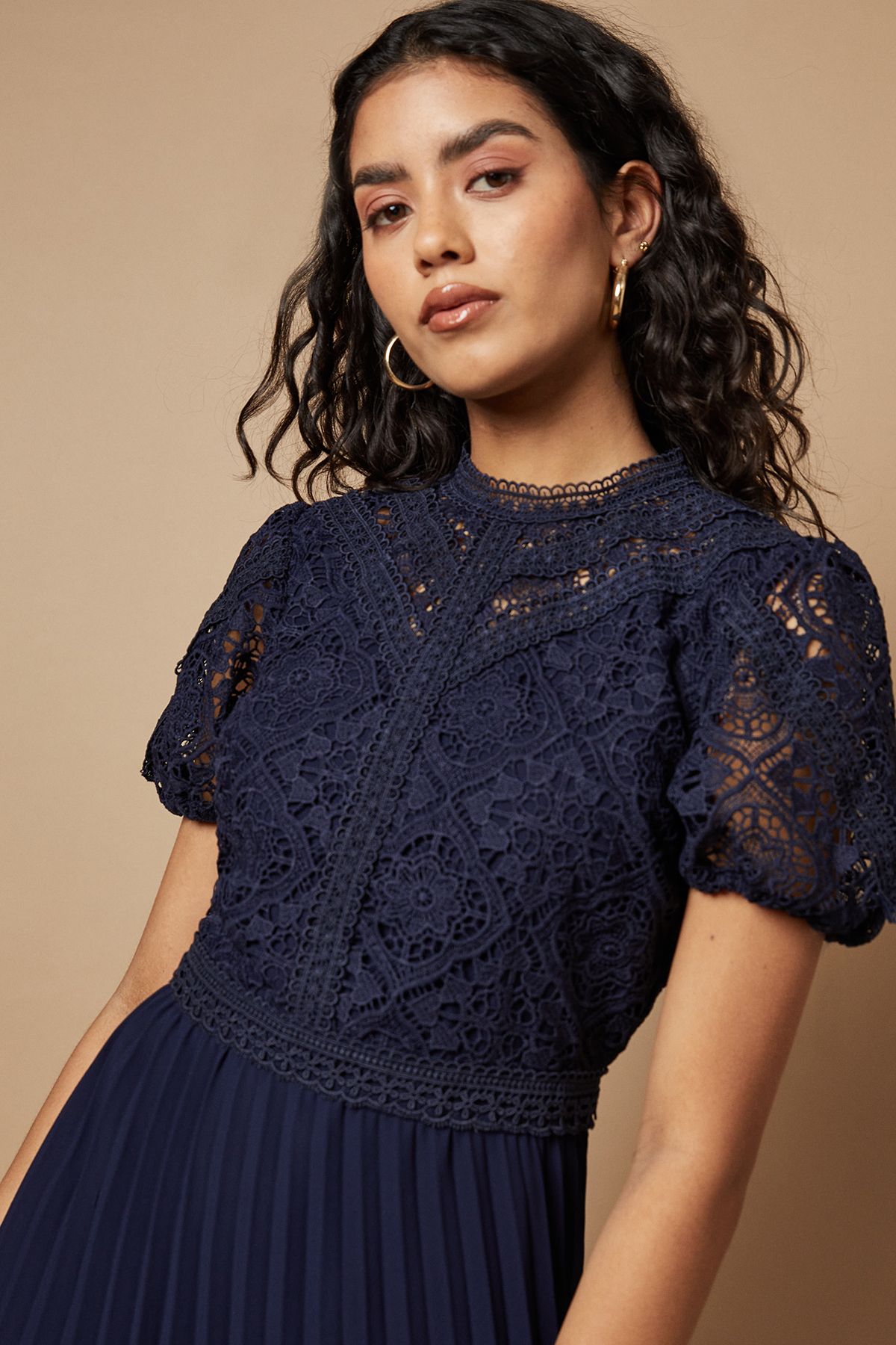 Oasis Petite Lace Puff Sleeve Pleated Midi Dress Navy image 3