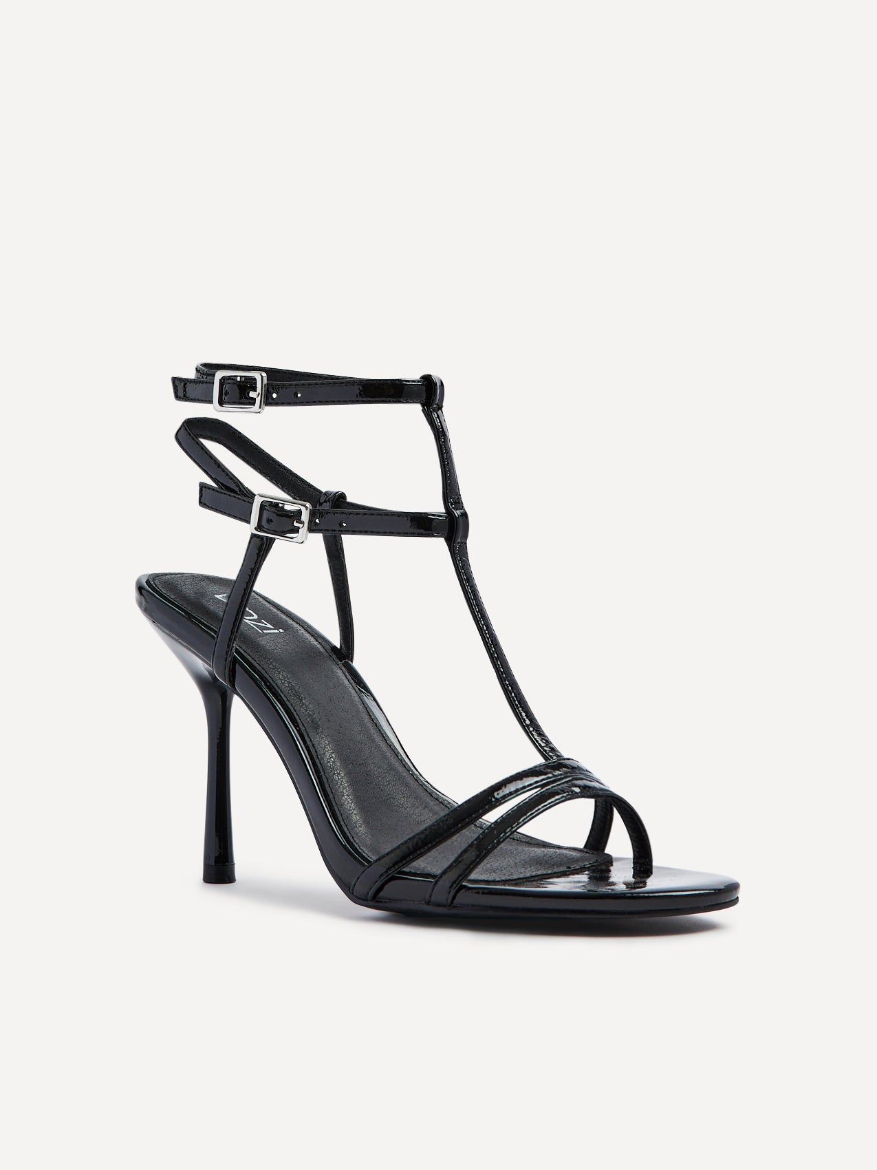 Linzi Jada Black Patent T-Bar Strappy Stiletto Heels image 4