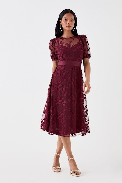 Coast Petite Embroidered Mesh Puff Sleeve Midi Dress Aubergine