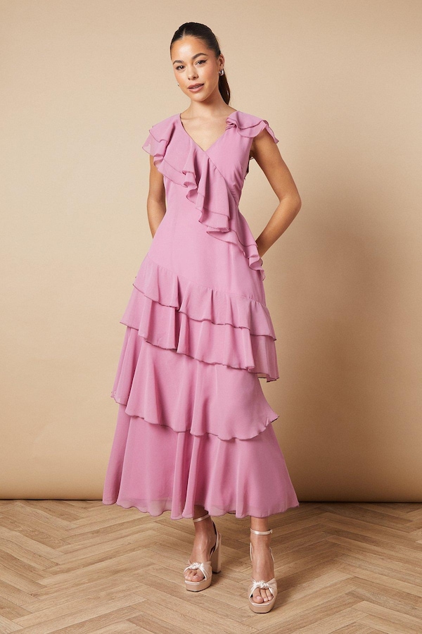 Oasis Ruffle Asymmetric Maxi Dress Pink