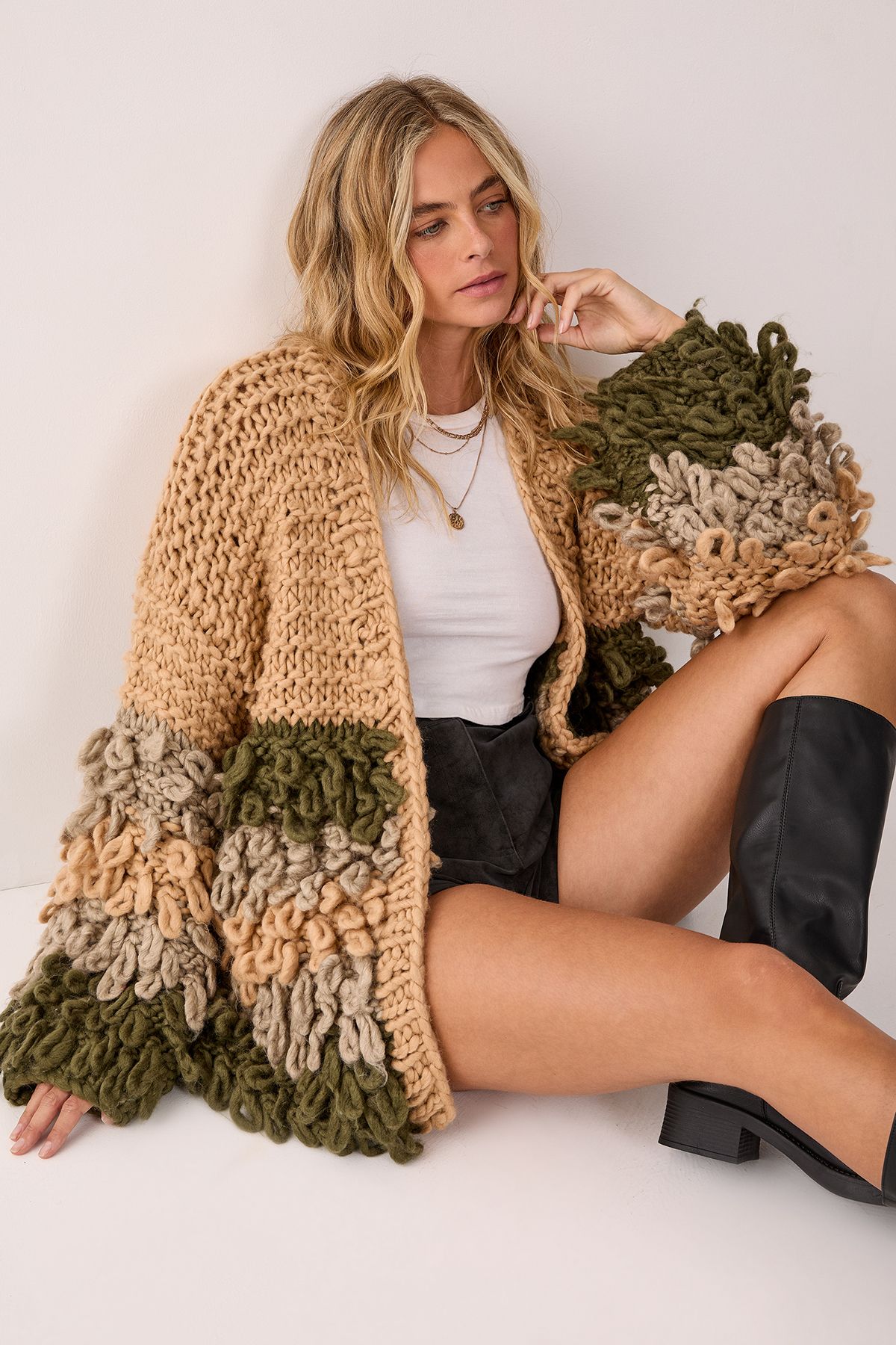 NastyGal Extreme Stripe Loopy Cardigan Beige image 1