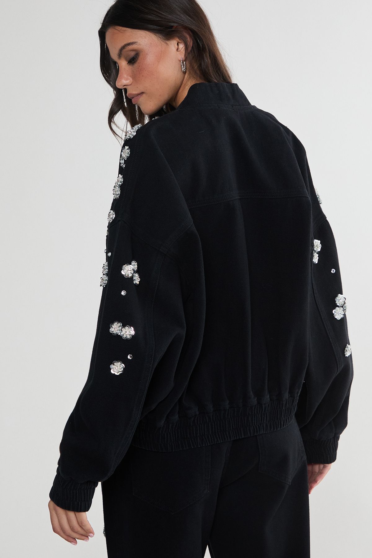 NastyGal Limited Embellished Flower Applique Jacket Washed Black image 4
