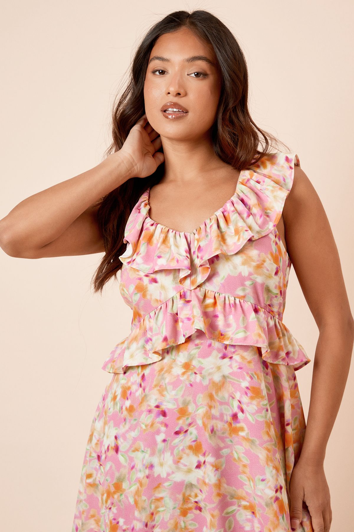 Dorothy Perkins Petite Floral Frill Neckline Tie Back Midi Dress Floral image 2