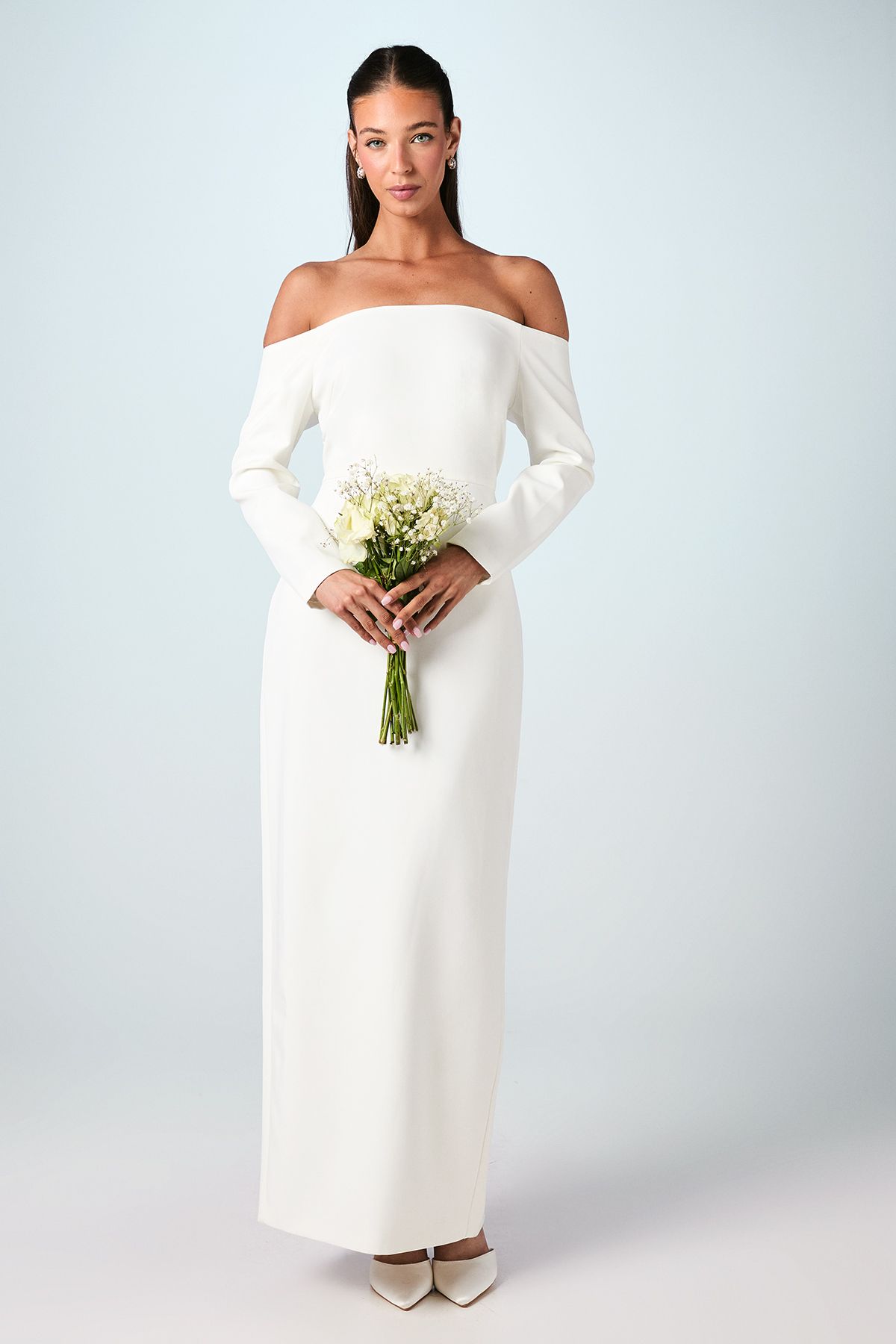Coast Bardot Long Sleeve Crepe Column Wedding Dress Ivory image 1