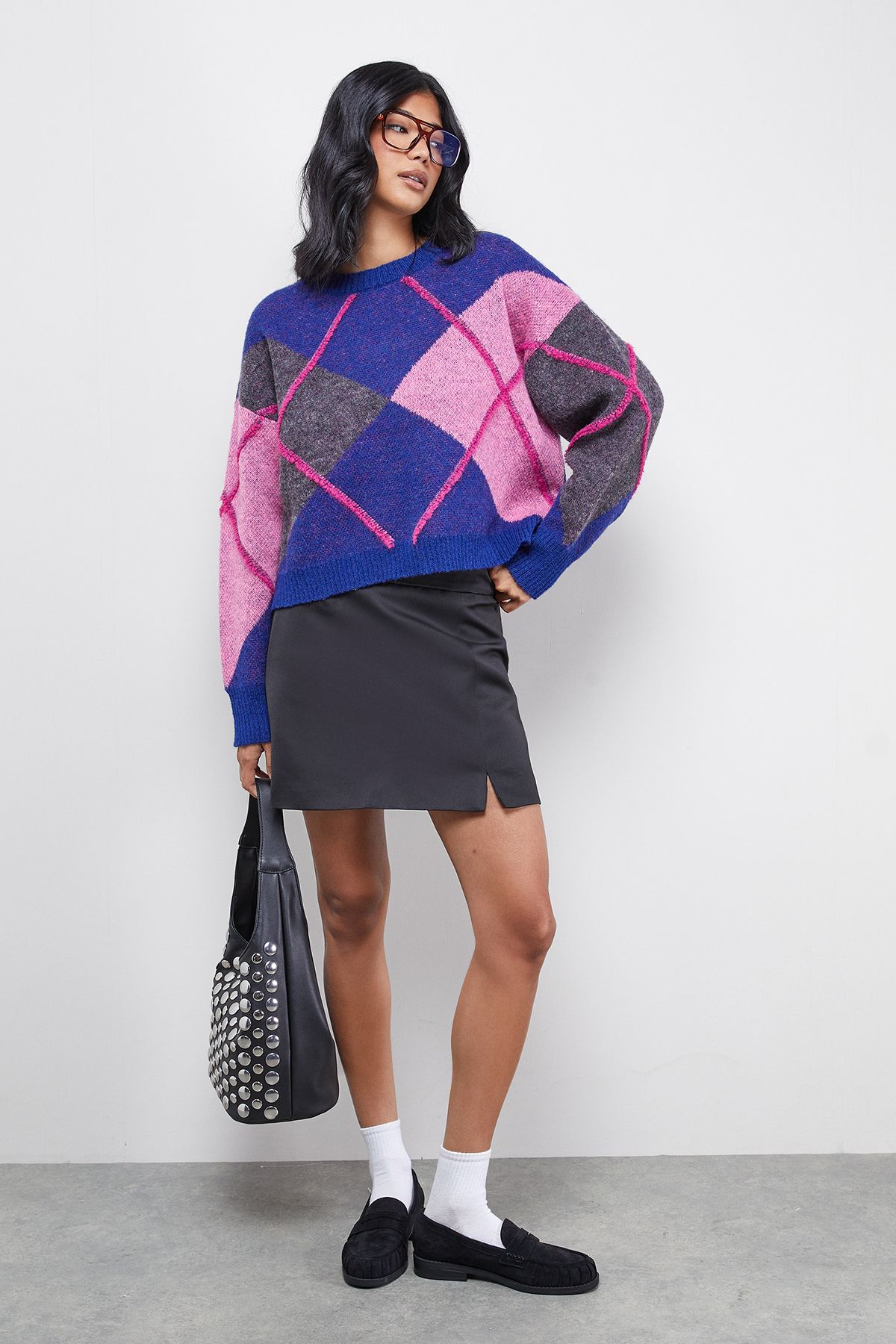 Warehouse Oversized Argyle Jumper Multi image 2
