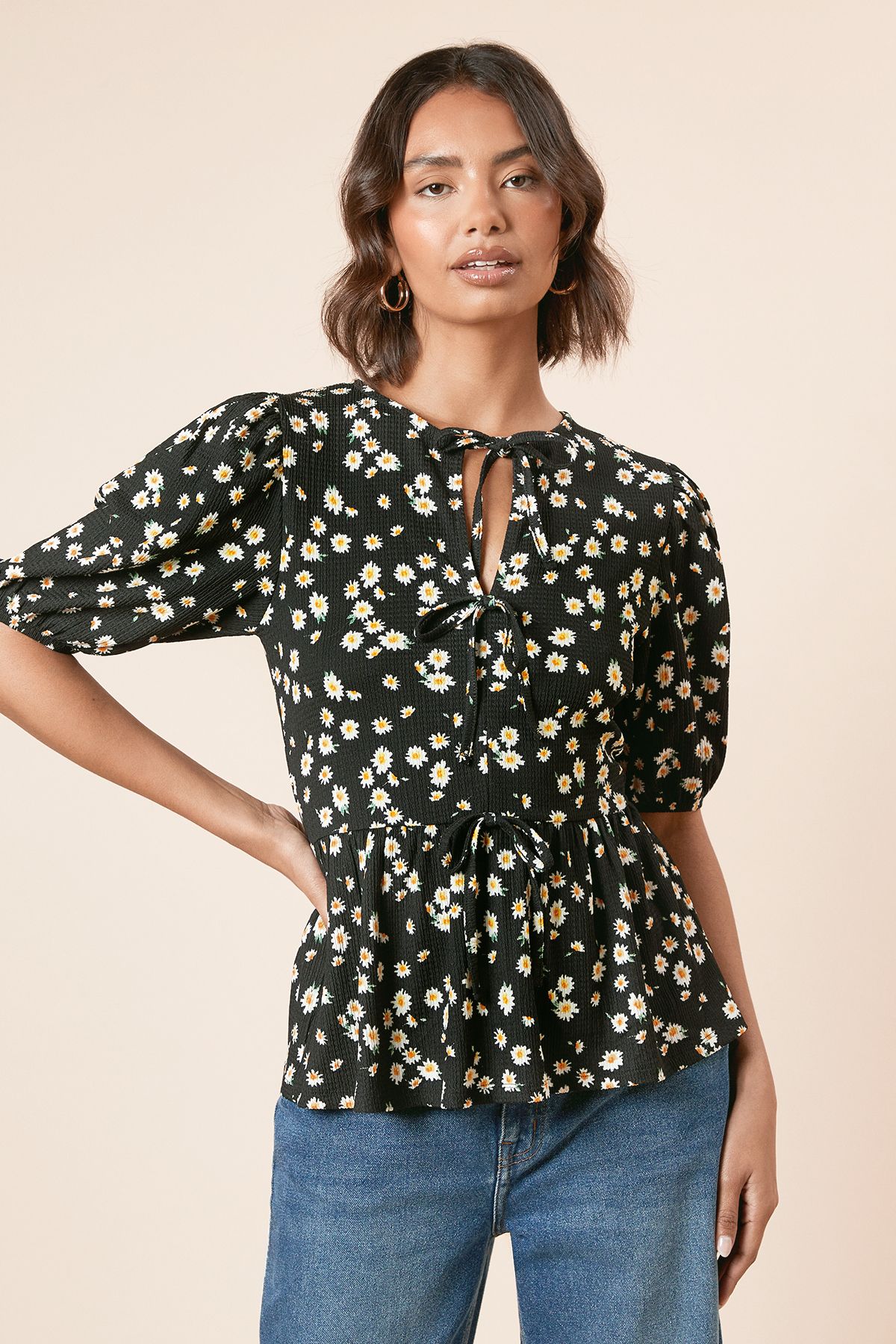 Dorothy Perkins Floral Bow Tie Front Puff Sleeve Jersey Top Mono image 2