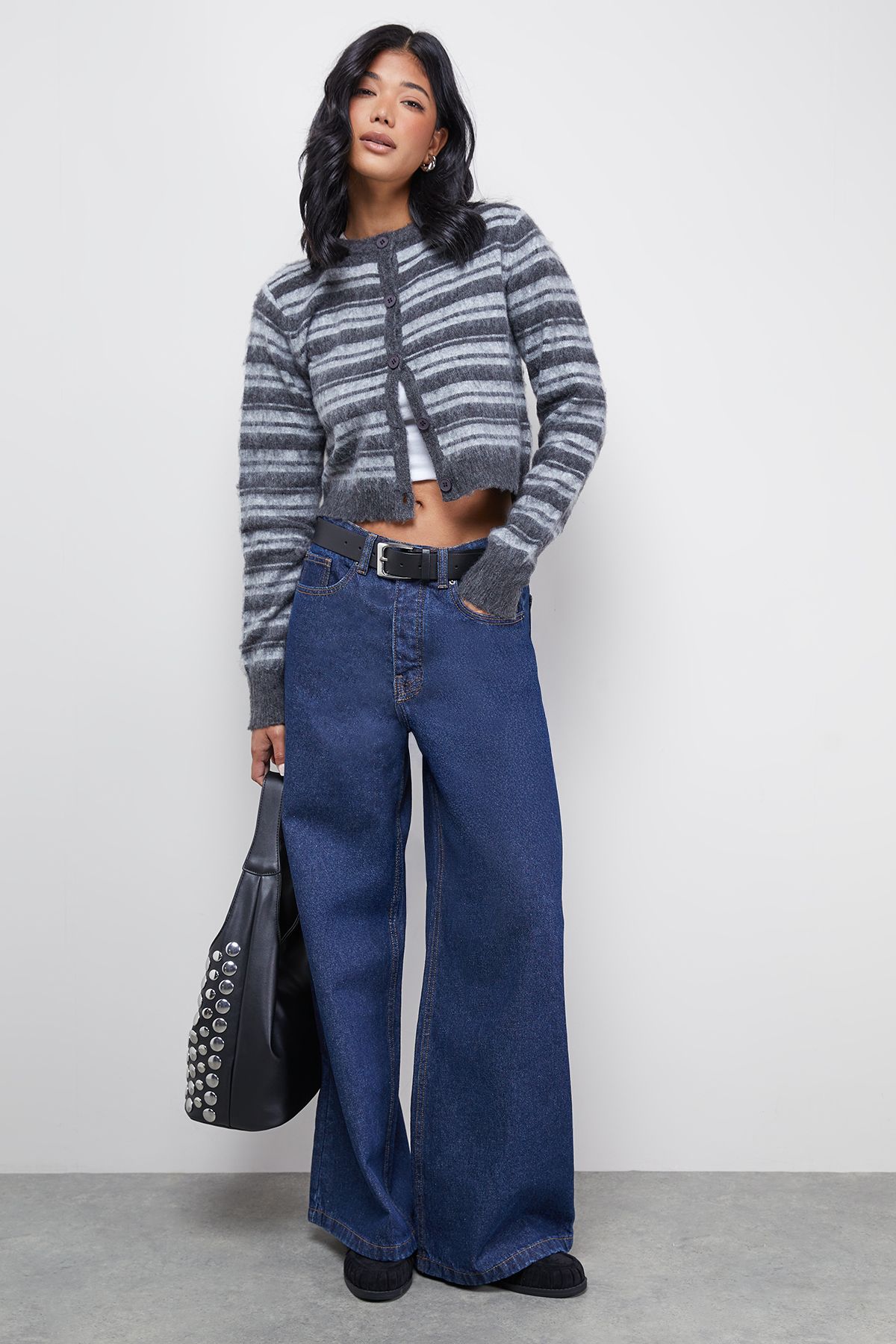 Warehouse Fluffy Striped Cardigan Black image 2